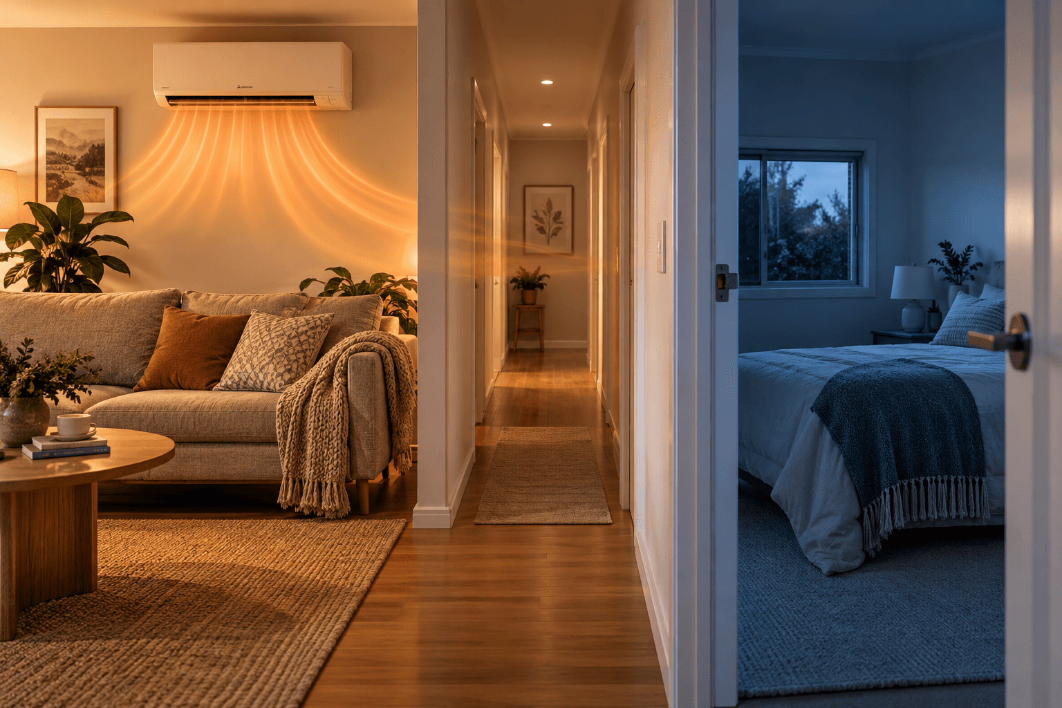 Warm lounge with a heat pump leading through a hallway to a colder bedroom