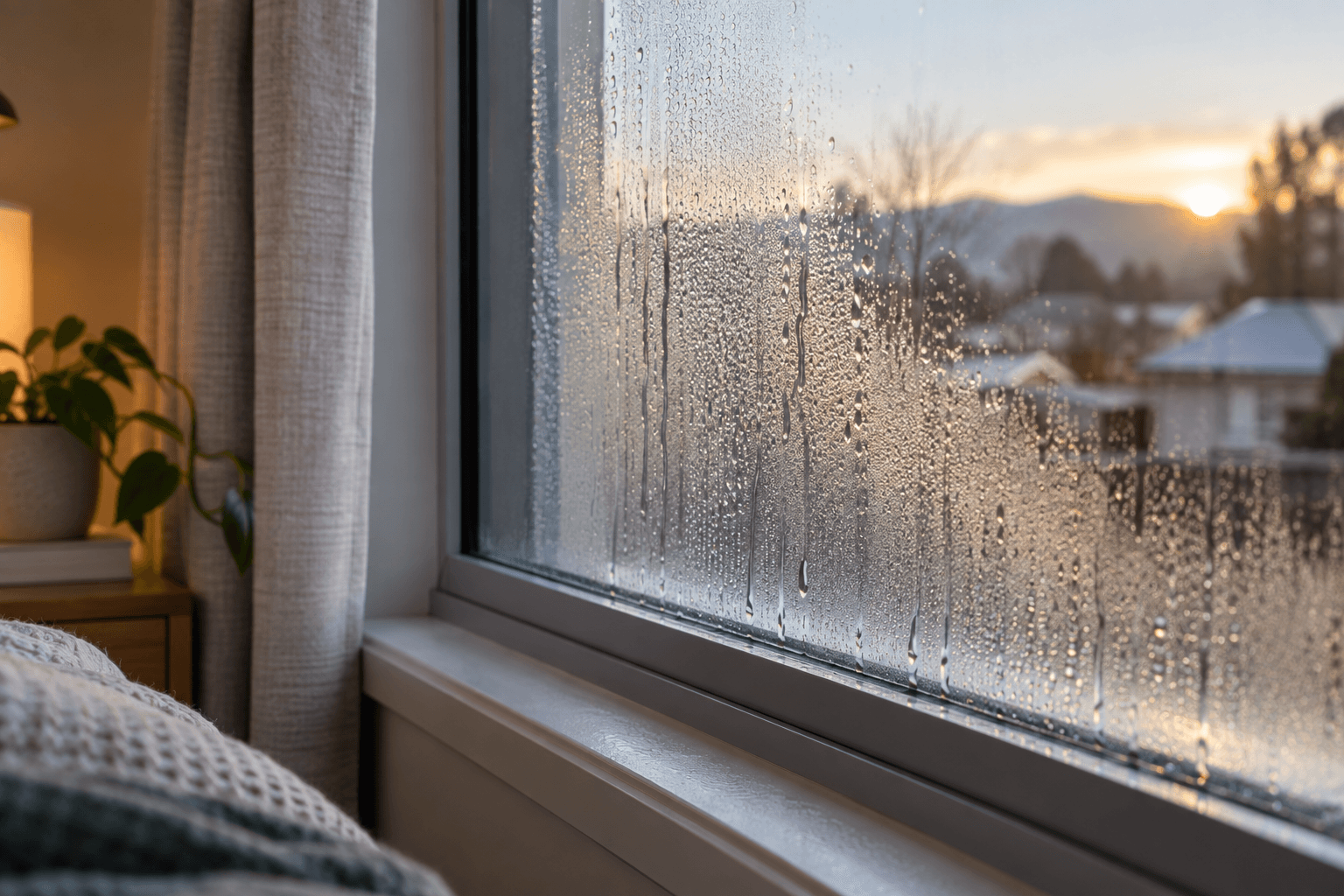 Condensation covering the inside of a bedroom window on a cold winter morning