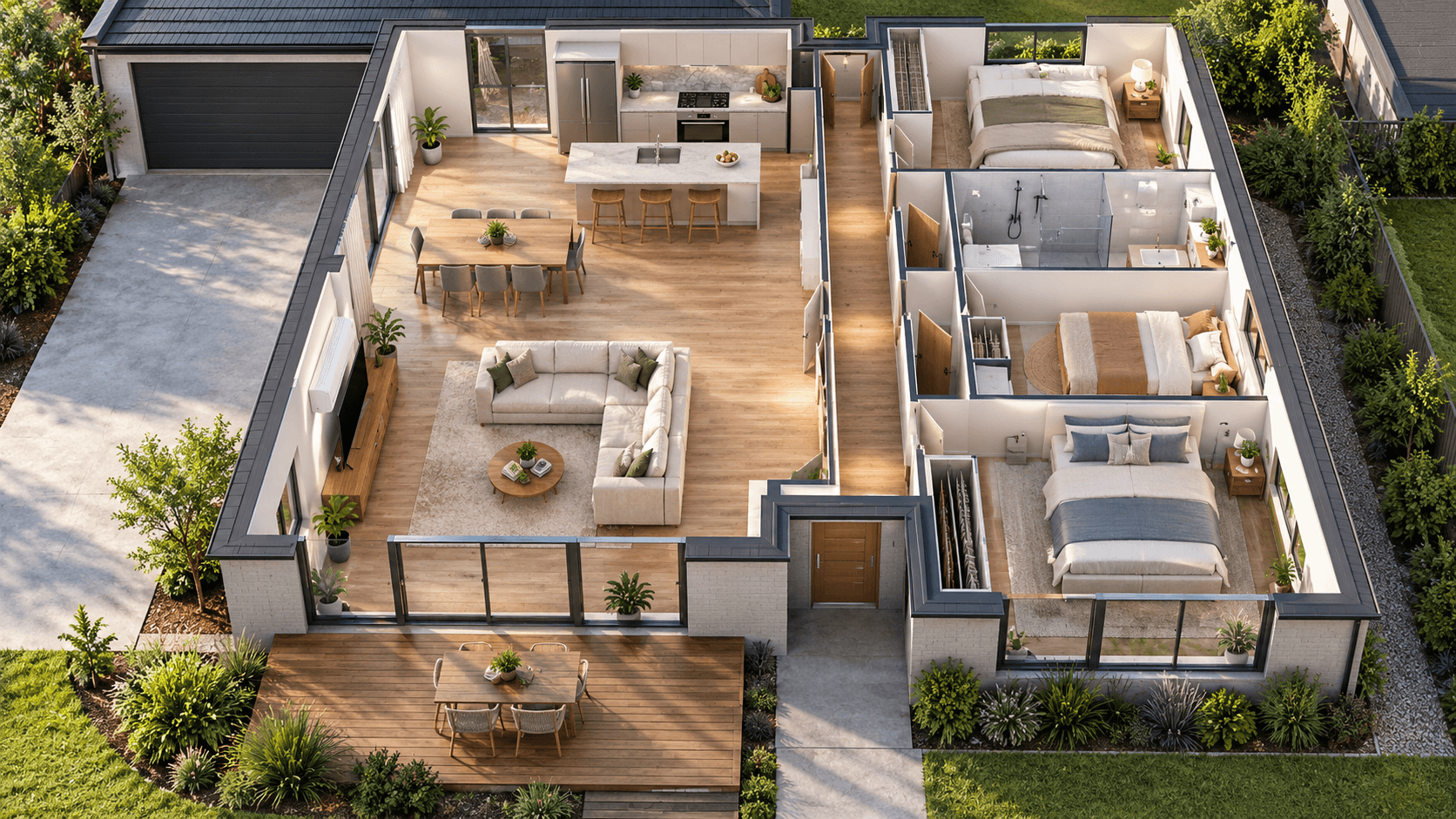 Aerial cutaway view of a single-storey home showing an open-plan living area with a heat pump, hallway and three separate bedrooms.