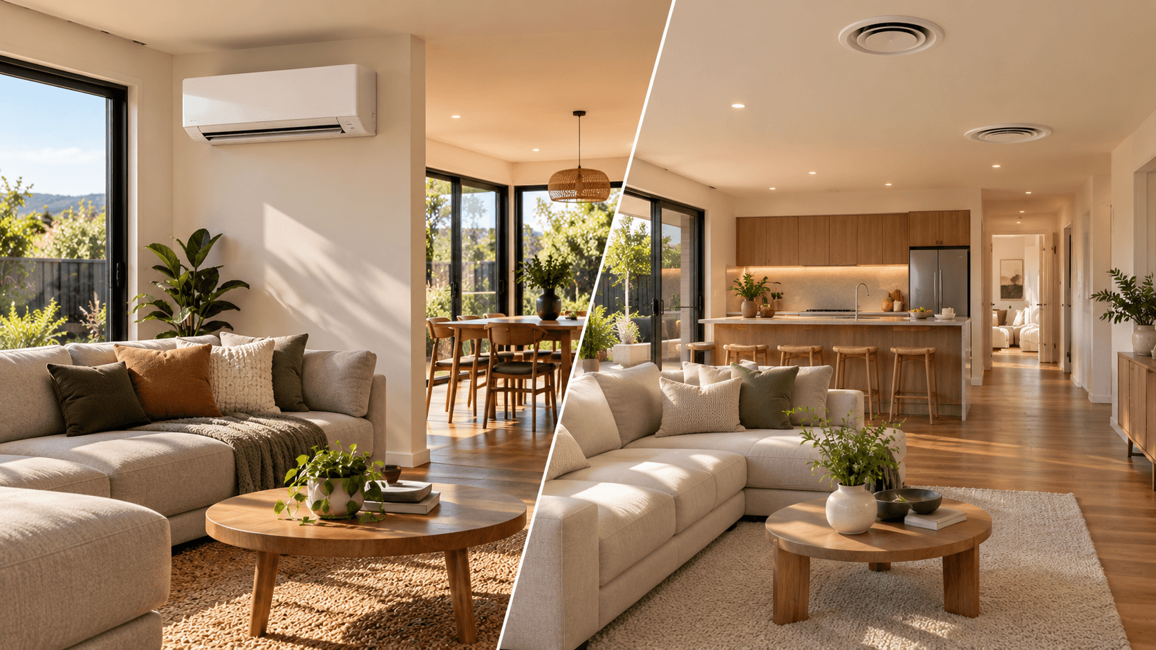 Split-view of a modern home comparing a wall-mounted heat pump in a living room with ducted heating vents in an open-plan living area.