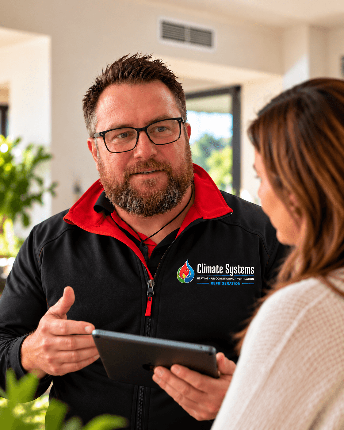 Troy from Climate Systems discussing home comfort with a homeowner