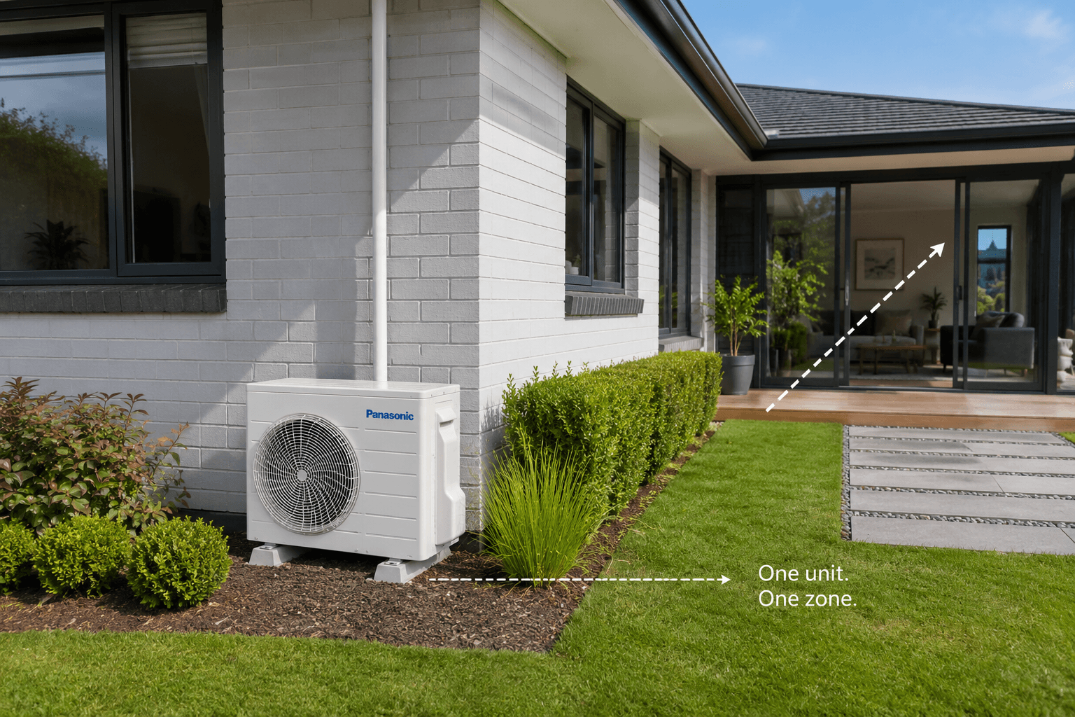 Single outdoor heat pump unit installed beside a modern Waikato home.