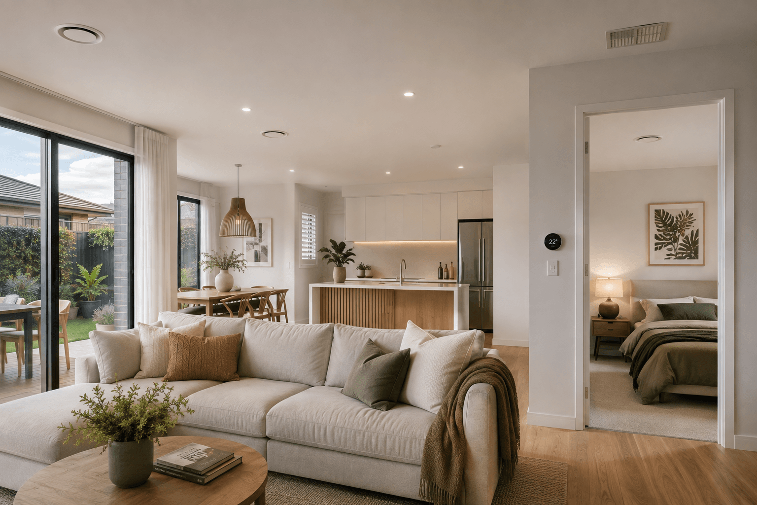 Modern Waikato home interior with discreet ceiling vents providing heating and ventilation across living and bedroom areas.