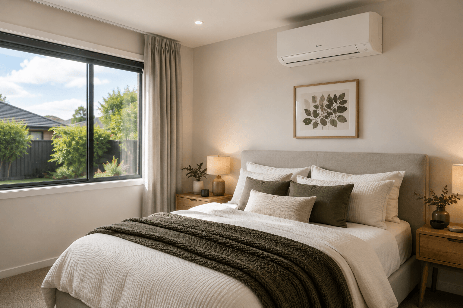 Wall-mounted heat pump installed in a bright, comfortable residential bedroom.