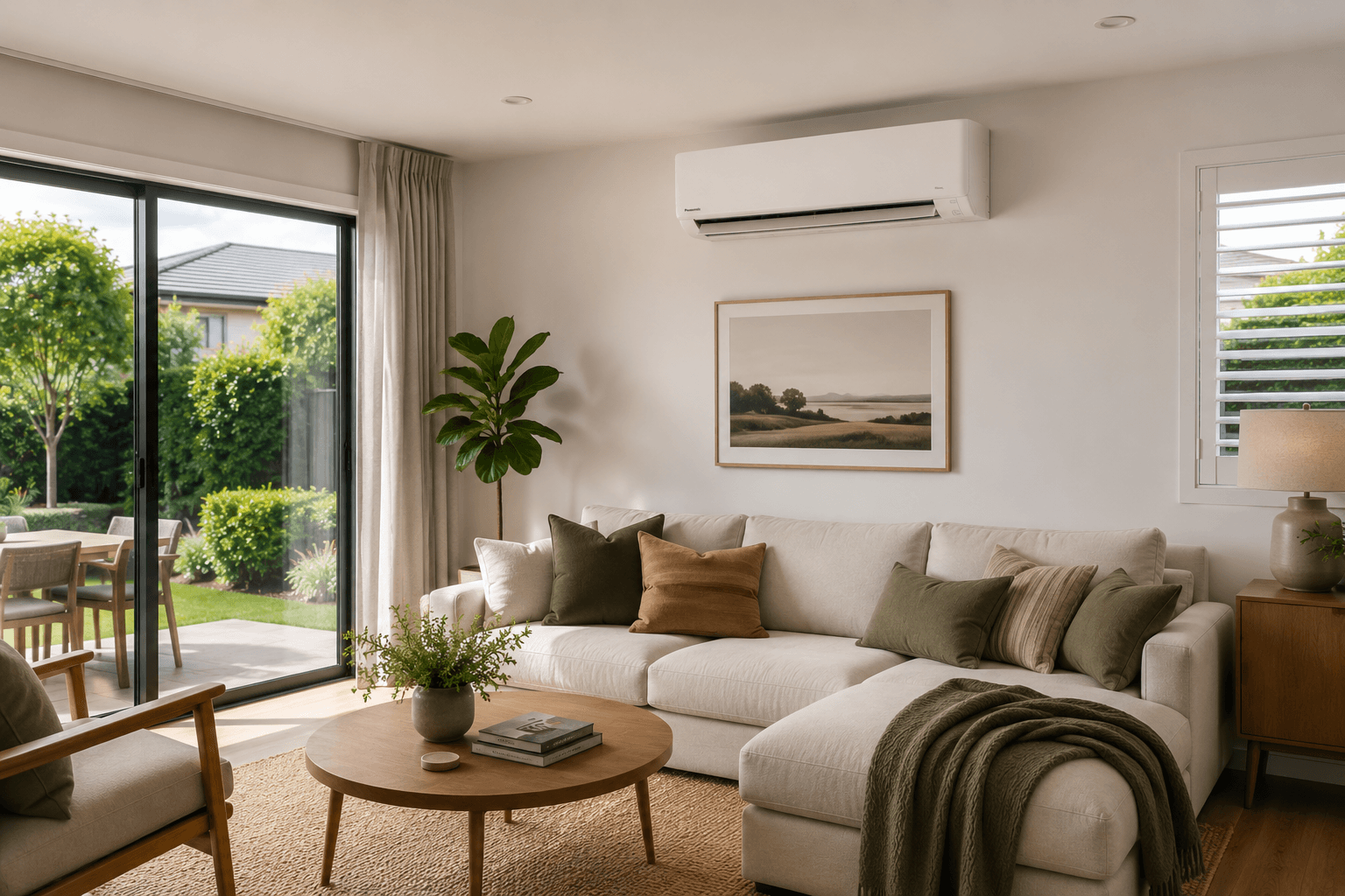 Wall-mounted heat pump in a contemporary living room designed for year-round heating and cooling.