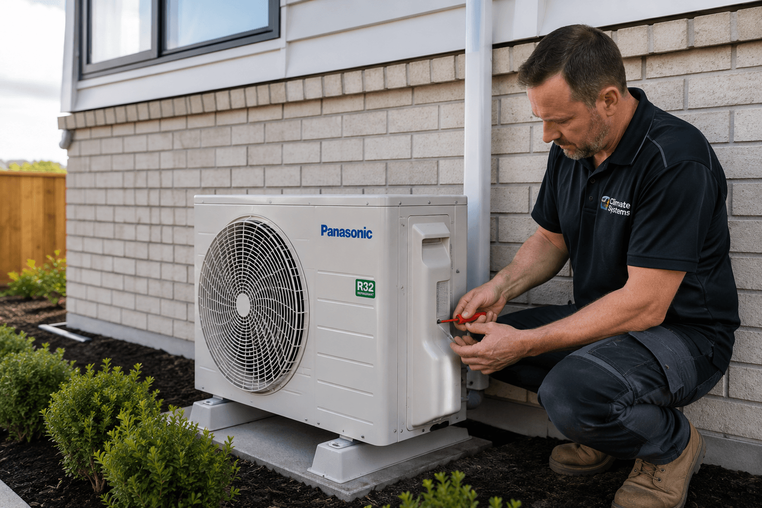 Heat pump technician installing an outdoor unit beside a modern residential home.