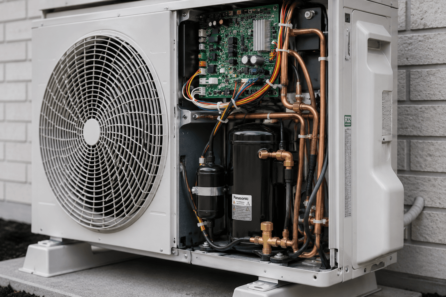 Climate Systems technician removing and inspecting the filters of a wall-mounted heat pump during an indoor service.