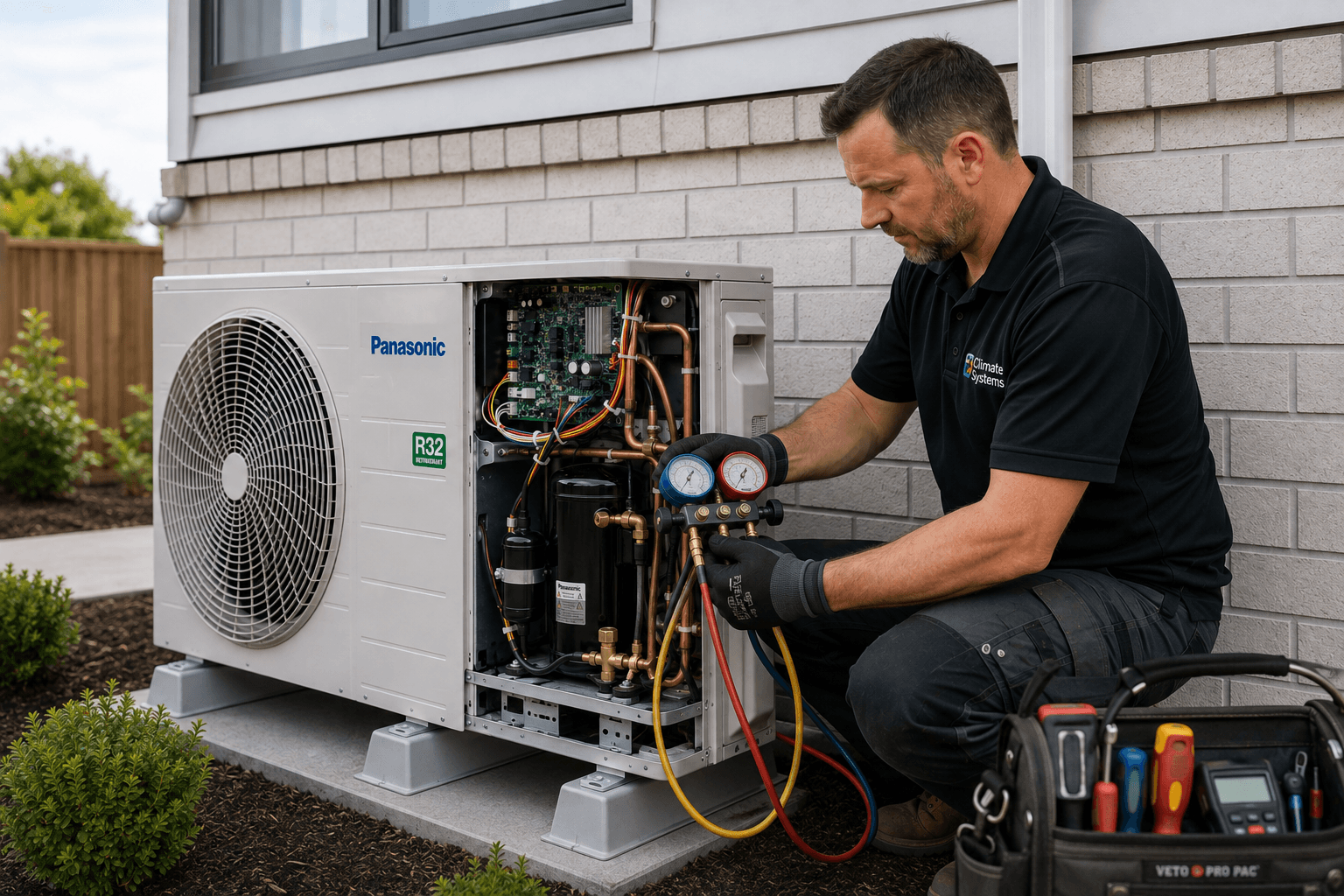 Climate Systems technician servicing an outdoor heat pump unit with professional testing equipment.