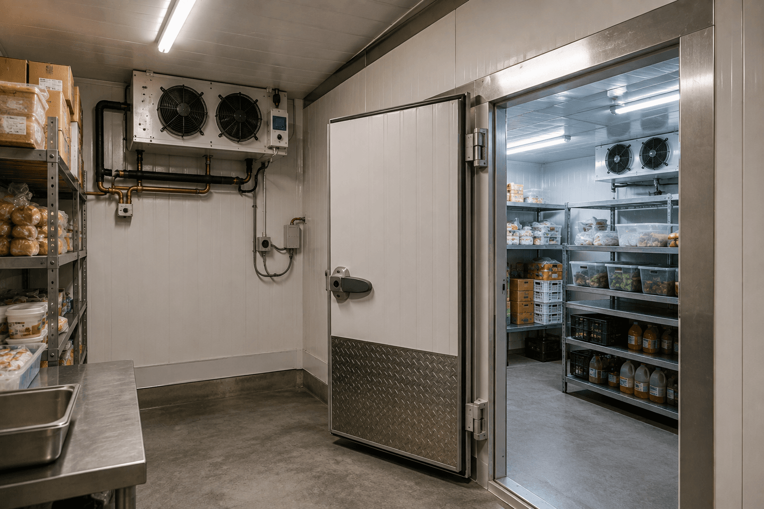 Commercial refrigeration equipment installed for temperature-controlled food storage.