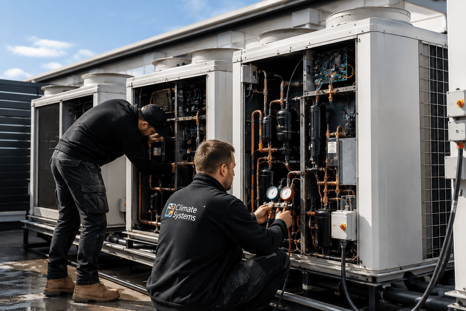 Commercial refrigeration equipment open for professional inspection and maintenance.