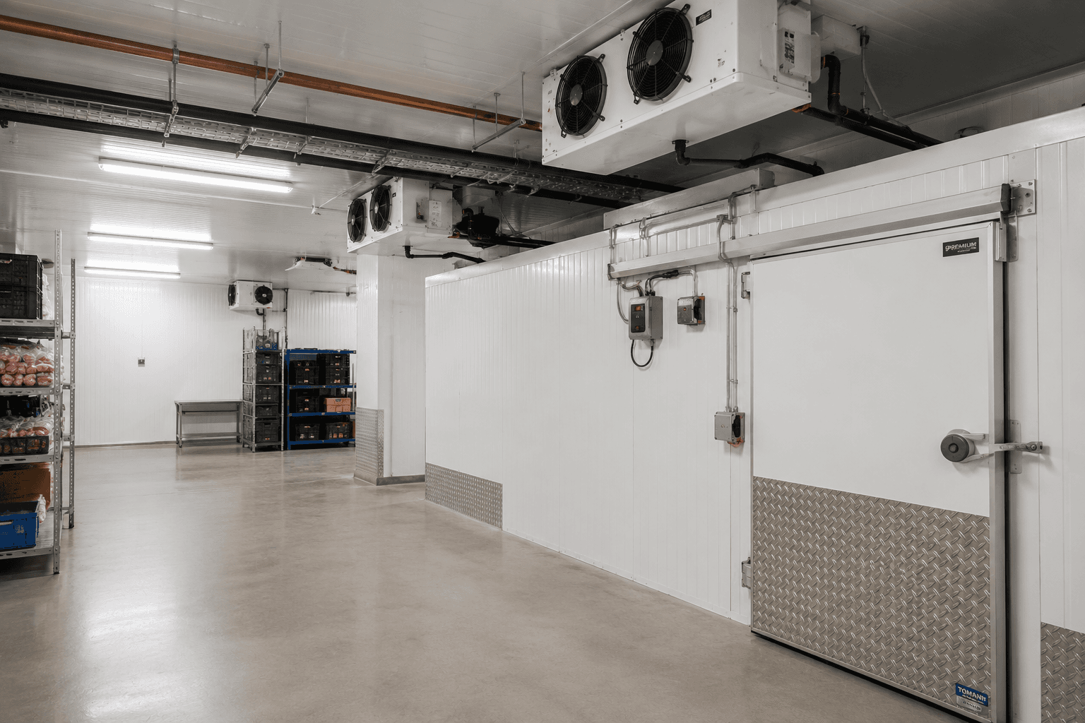 Professionally installed commercial cool room with refrigeration units, pipework and temperature controls.