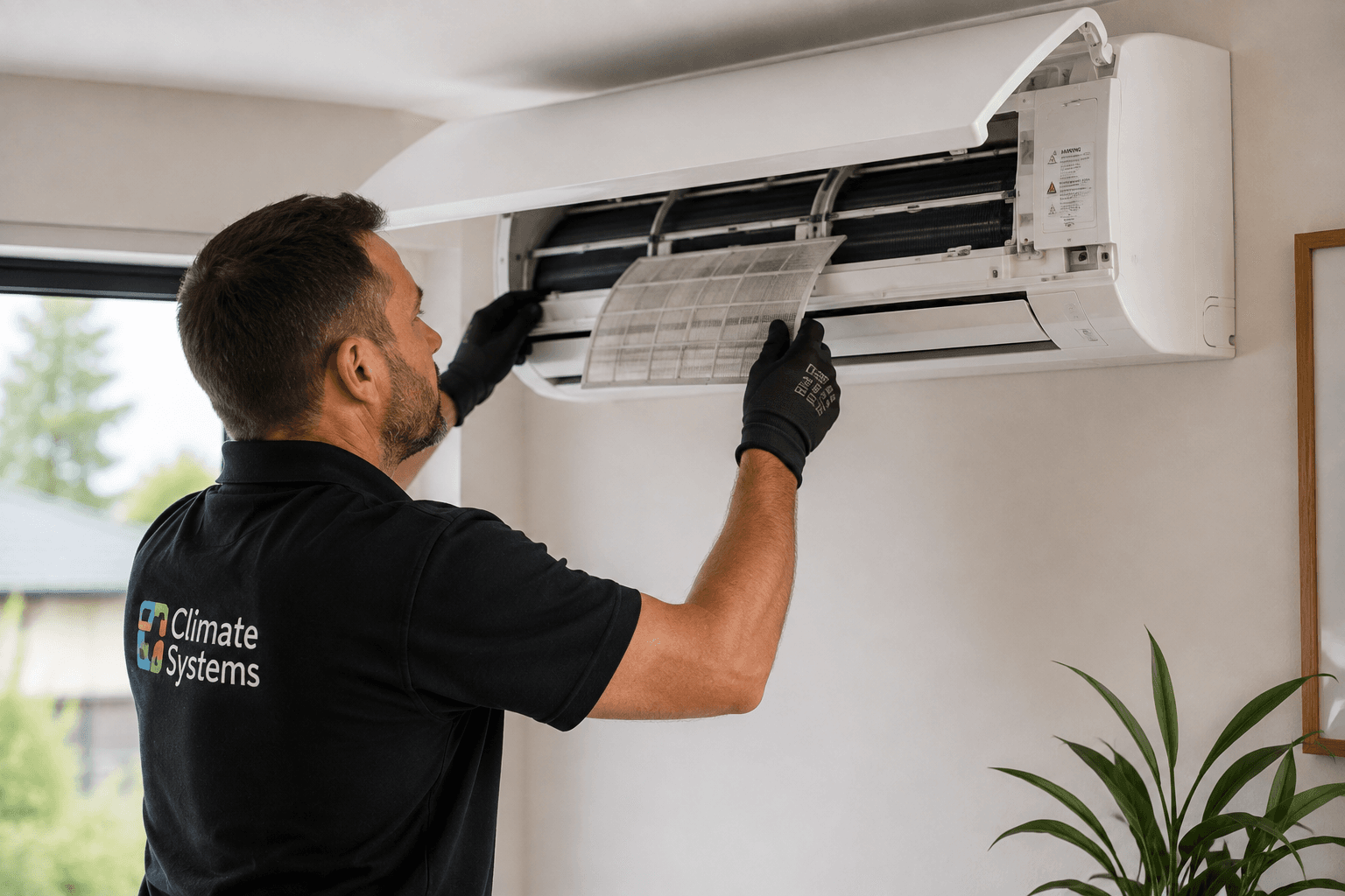 Internal components of an outdoor heat pump unit during servicing.