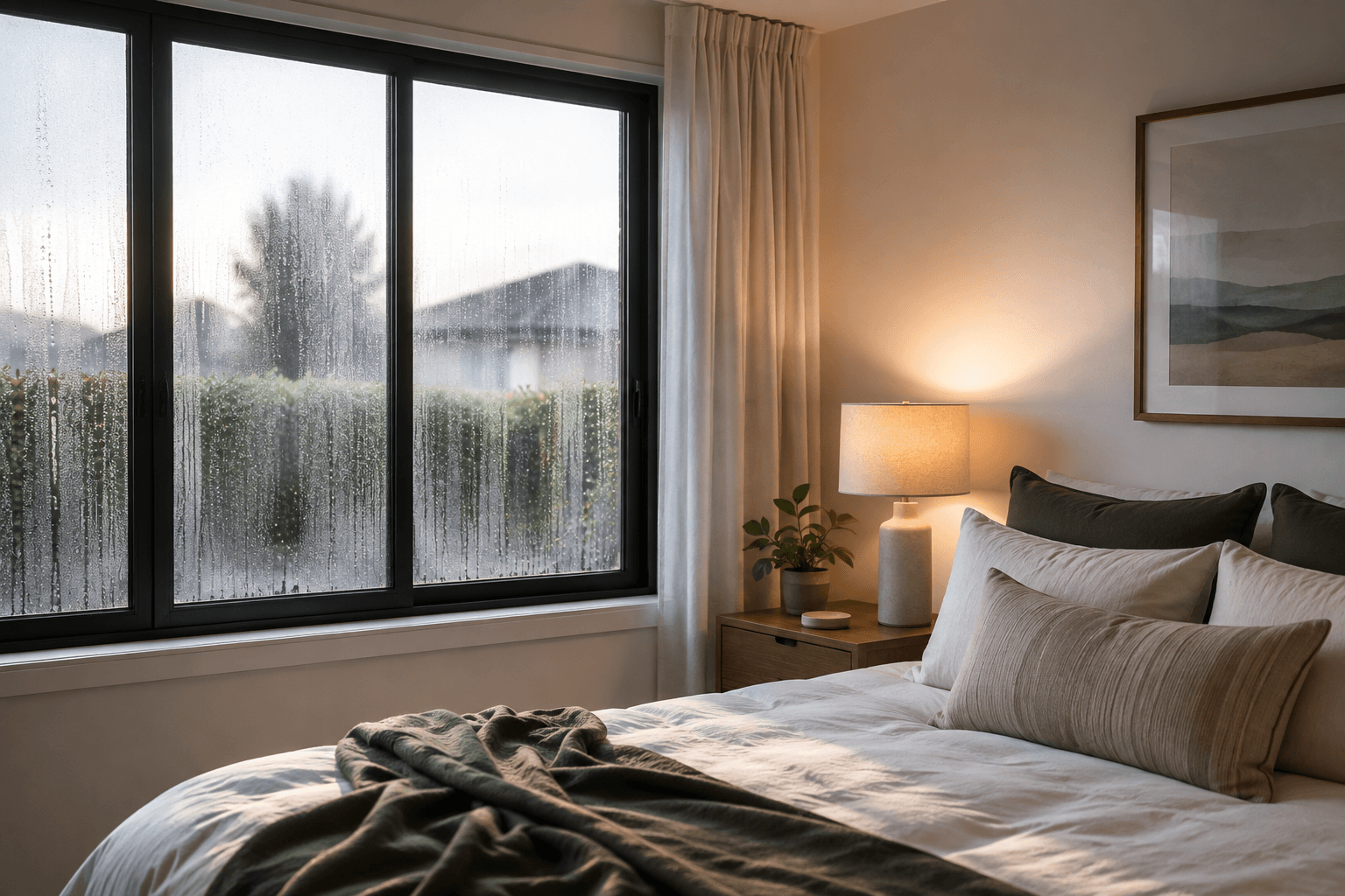 Light winter condensation on the windows of a tidy, well-kept Waikato home.