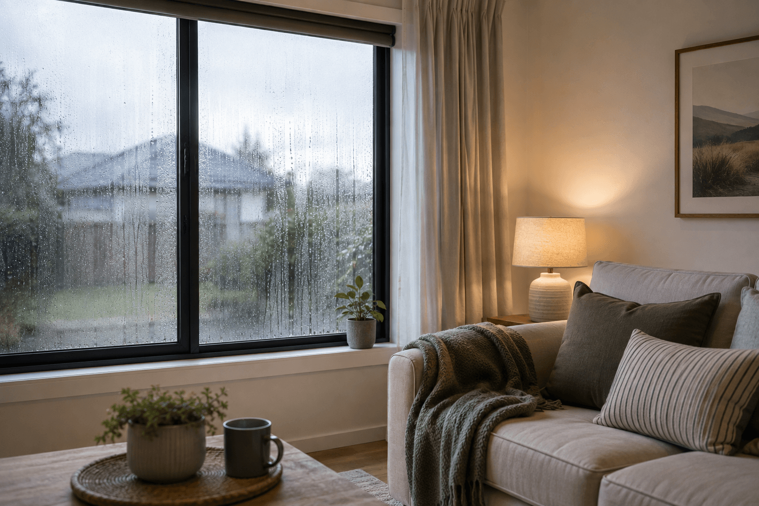 Residential window showing condensation caused by excess indoor moisture during winter.
