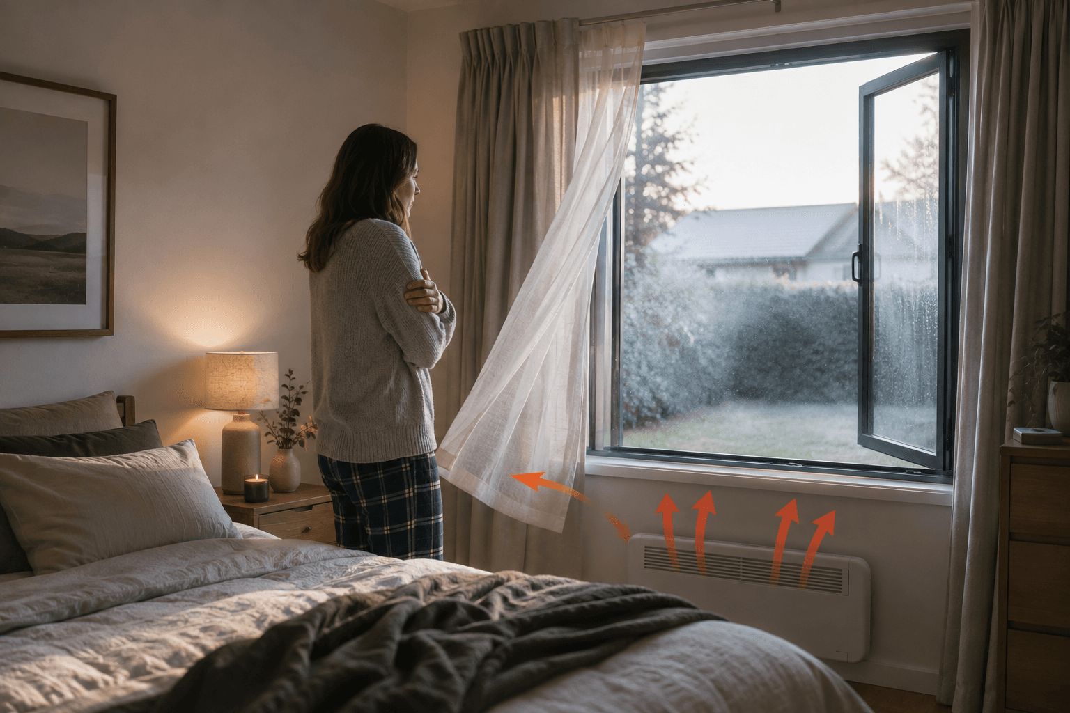 Open window in a warm residential living area on a cold winter morning.