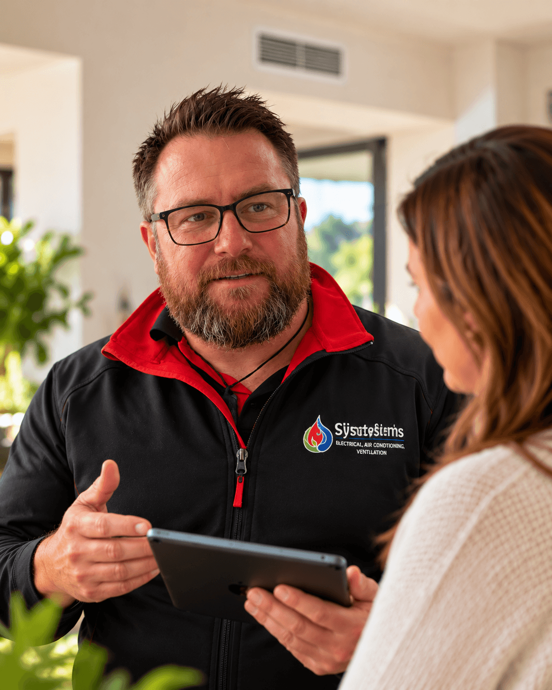 Troy from Climate Systems discussing home comfort with a homeowner